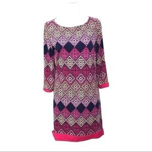 Eliza J Size 10 Geometric Print Mod Shift Dress Purple Pink Stretch Jersey.
